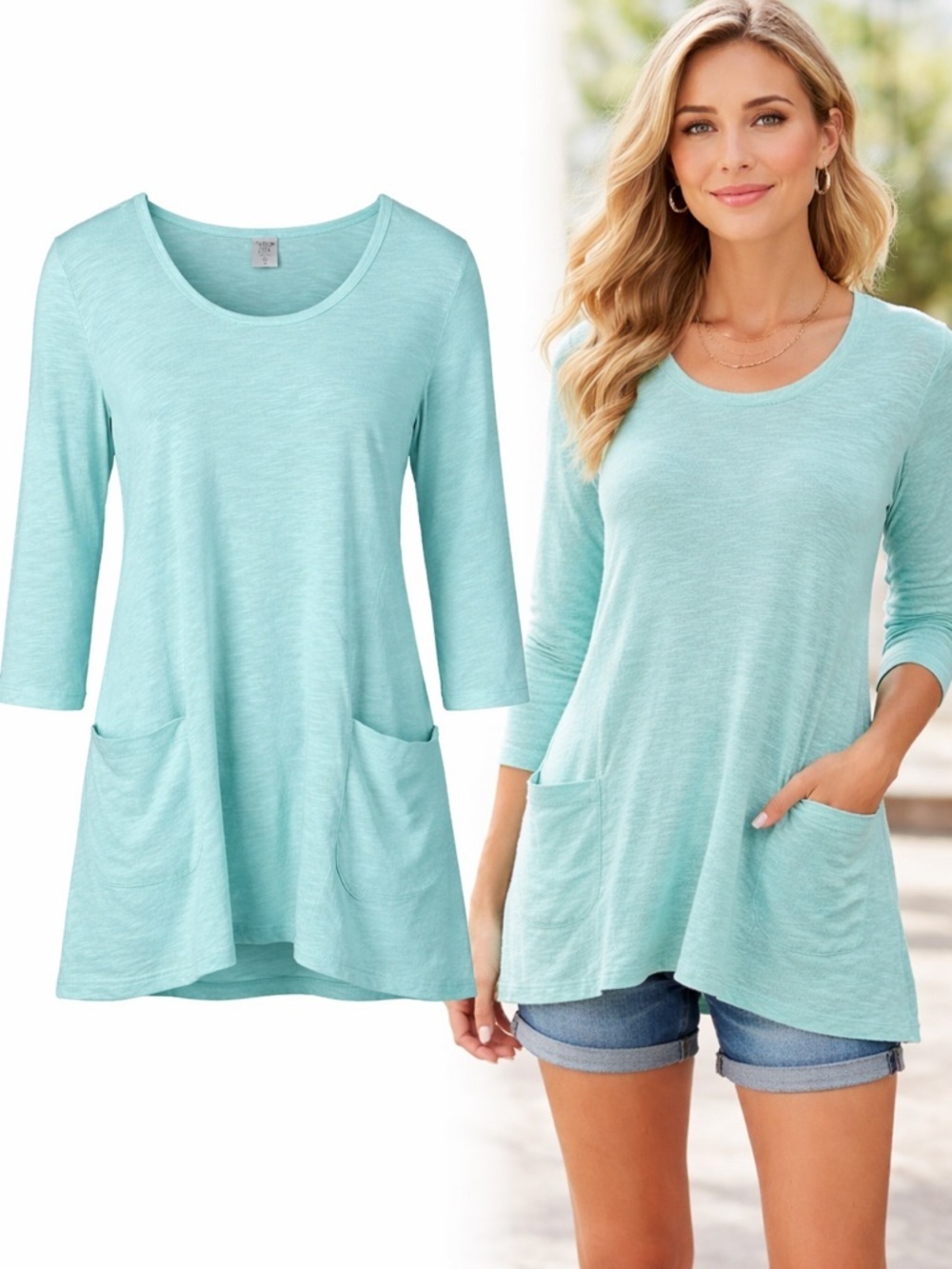 Cotton Lani Teal Blue 100% Cotton Pocket Top | 3/4 Sleeve Casual Tee | Size Smal